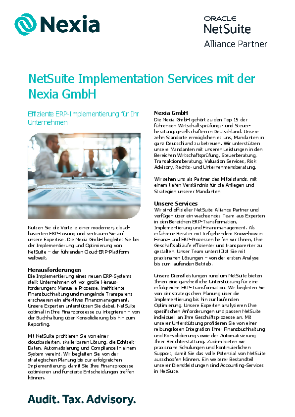 NetSuite Implementation Services mit der Nexia GmbH PDF zum Thema: NetSuite Implementation Services mit der Nexia GmbH