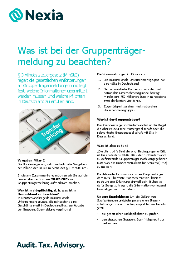 PDF zur Mandanteninfo zum Thema: Was ist bei der Gruppenträgermeldung zu beachten?