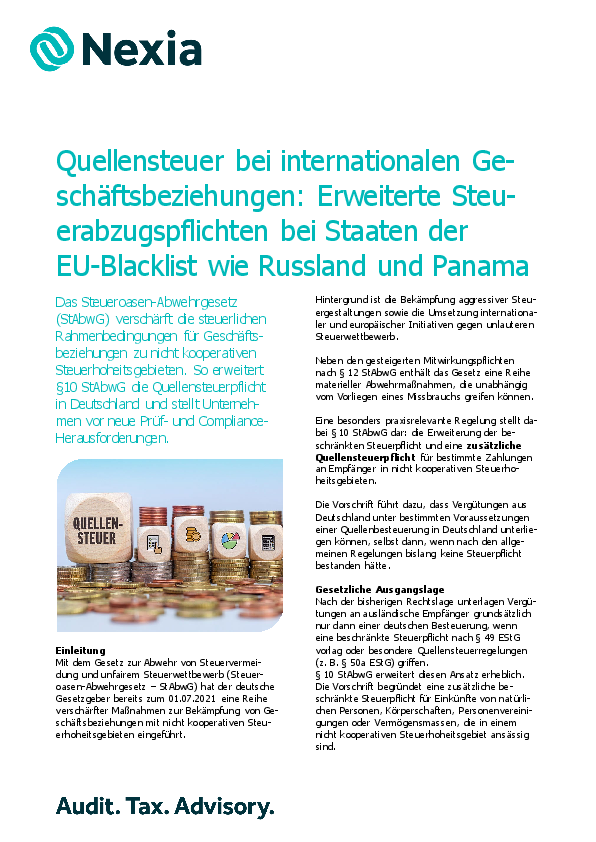 Quellensteuer bei internationalen Geschäftsbeziehungen: Erweiterte Steuerabzugspflichten bei Staaten der EU‑Blacklist wie Russland und Panama PDF zur Mandanteninfo: Quellensteuer bei internationalen Geschäftsbeziehungen: Erweiterte Steuerabzugspflichten bei Staaten der EU‑Blacklist wie Russland und Panama