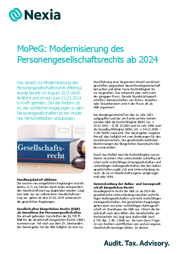 MoPeG: Modernisierung des  Personengesellschaftsrechts ab 2024