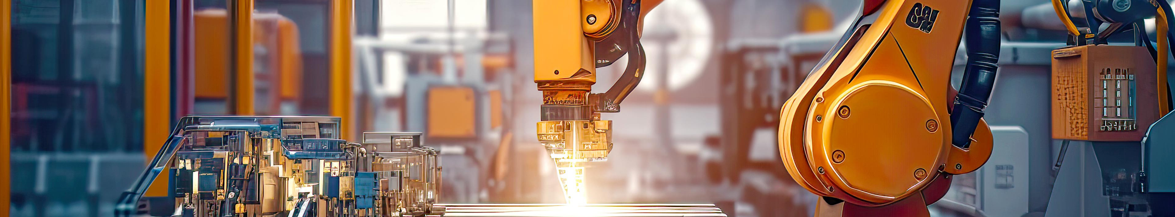 View into a machine hall. The focus is on a machine arm during welding. 