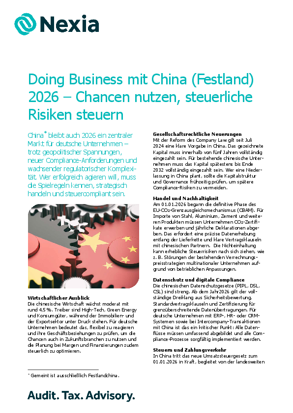Doing Business mit China (Festland) 2026 – Chancen nutzen, steuerliche Risiken steuern PDF zur Mandanteninfo: Doing Business mit China (Festland) 2026 – Chancen nutzen, steuerliche Risiken steuern