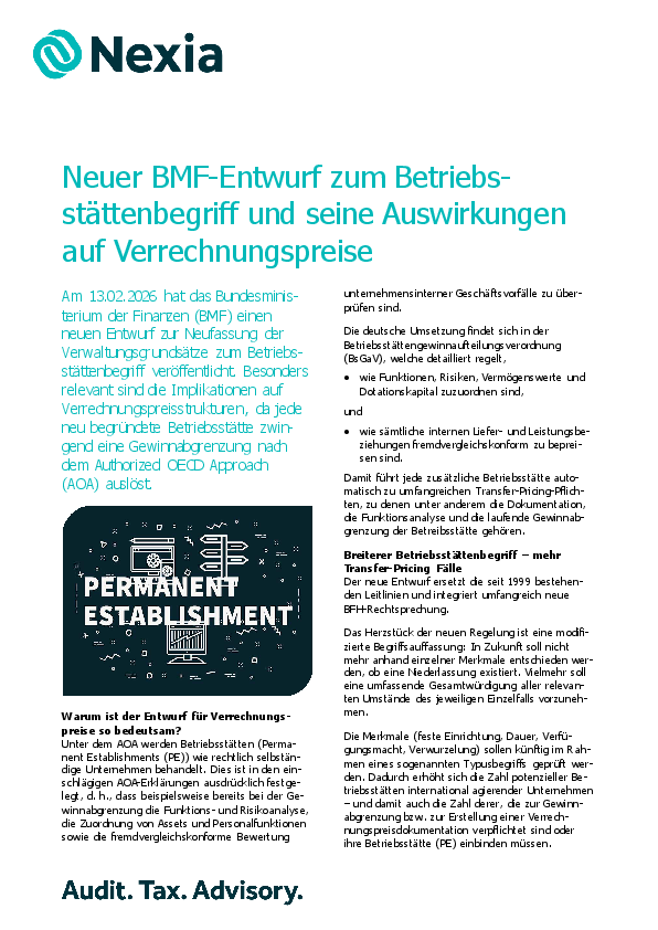 PDF zur Mandanteninfo: Neuer BMF-Entwurf zum Betriebsstättenbegriff und seine Auswirkungen auf Verrechnungspreise Neuer BMF-Entwurf zum Betriebsstättenbegriff und seine Auswirkungen auf Verrechnungspreise