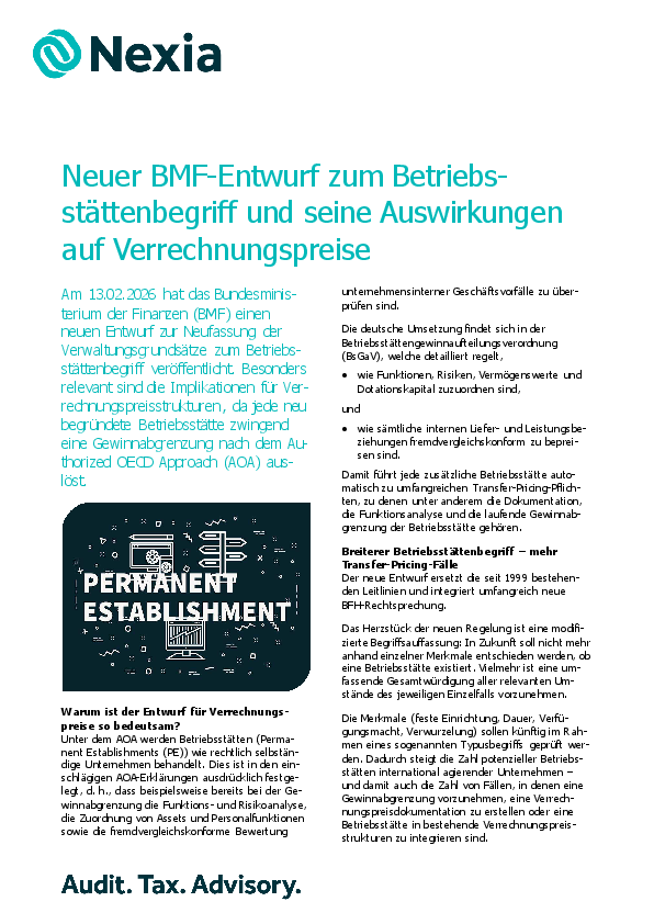 PDF zur Mandanteninfo: Neuer BMF-Entwurf zum Betriebsstättenbegriff und seine Auswirkungen auf Verrechnungspreise Neuer BMF-Entwurf zum Betriebsstättenbegriff und seine Auswirkungen auf Verrechnungspreise