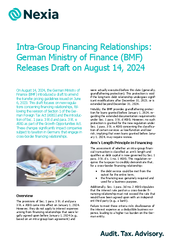 Intra-Group Financing Relationships: German Ministry of Finance (BMF) Releases Draft on August 14, 2024