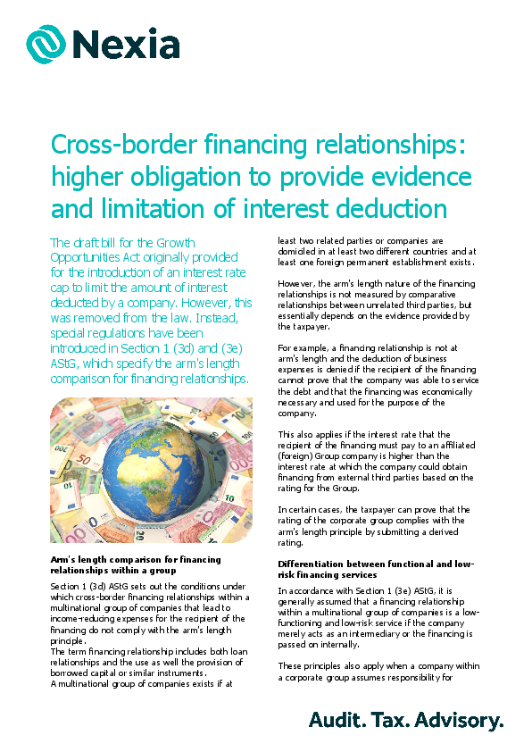 Cross-border financing relationships: higher obligation to provide evidence and limitation of interest deduction