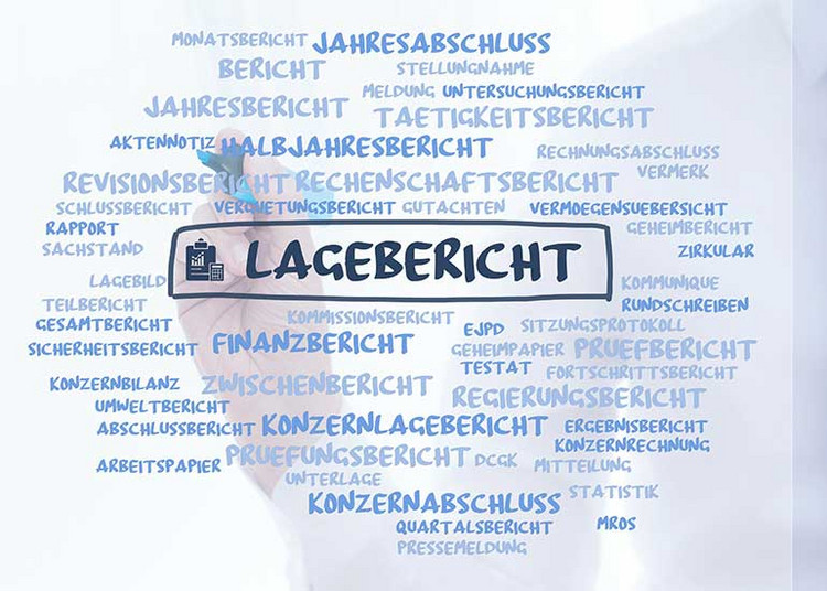 Auf einem virtuellen Board steht der Begriff "Lagebericht". Daneben stehen noch weitere Begriffe dieser Kategorie wie z.B. Jahresbericht, Rechenschaftsbericht, Rapport, Sicherheitsbericht, Statistik und Vermögensübersicht.