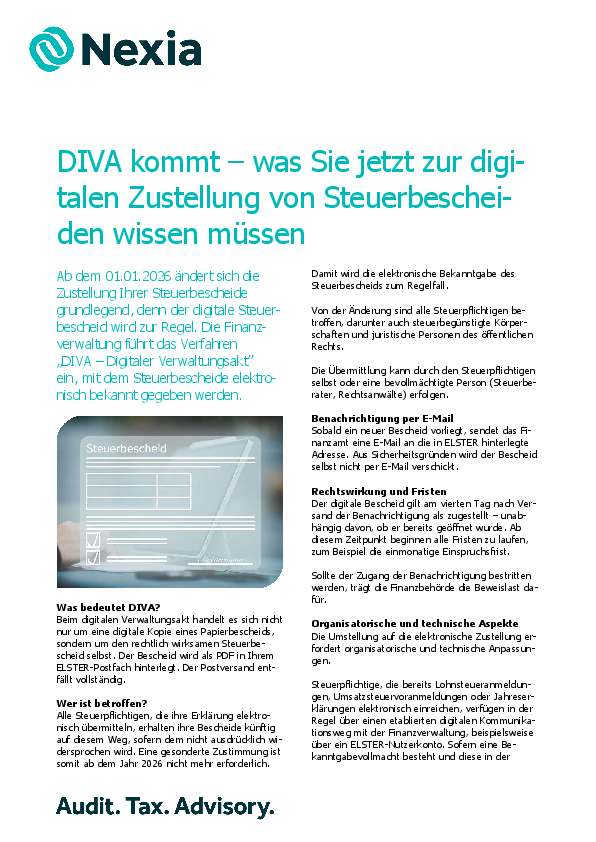 DIVA kommt – was Sie jetzt zur digitalen Zustellung von Steuerbescheiden wissen müssen PDF zur Mandanteninfo: DIVA kommt – was Sie jetzt zur digitalen Zustellung von Steuerbescheiden wissen müssen