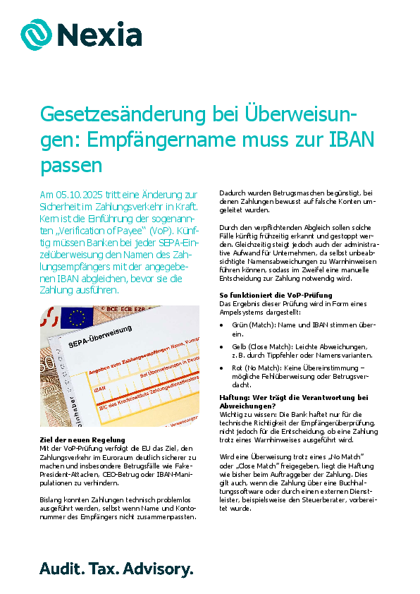 Gesetzesänderung bei Überweisungen: Empfängername muss zur IBAN passen PDF zur Mandanteninfo: Gesetzesänderung bei Überweisungen: Empfängername muss zur IBAN passen