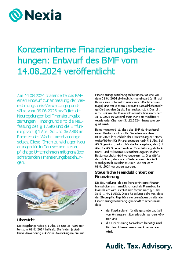 Konzerninterne Finanzierungsbezie-hungen: Entwurf des BMF vom 14.08.2024 veröffentlicht