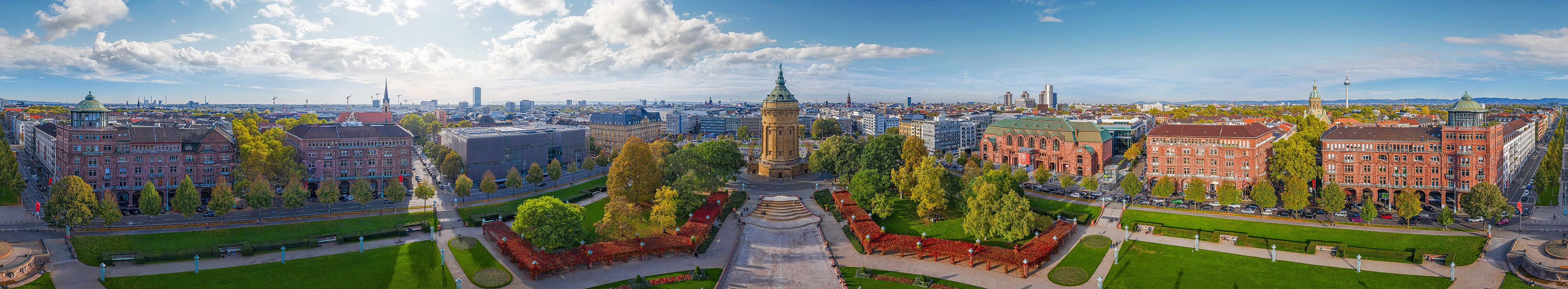 Panoramic view of Mannheim with rose garden and water tower