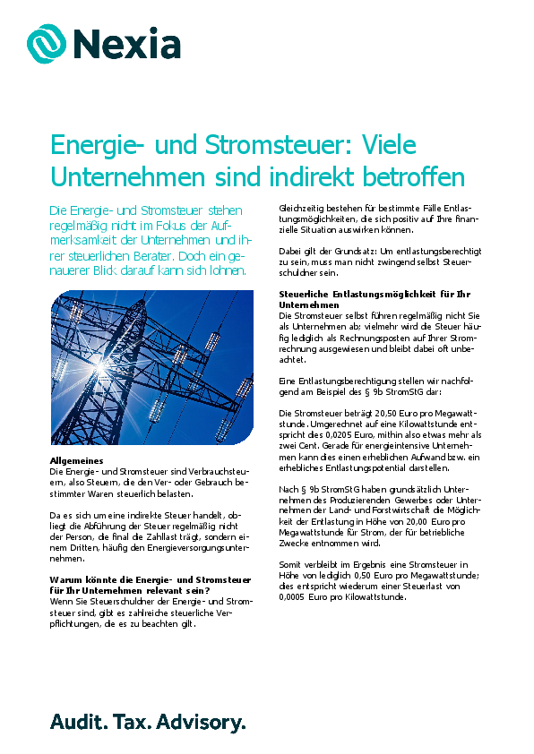 Energie‑ und Stromsteuer: Viele Unternehmen sind indirekt betroffen PDF zur Mandanteninfo: Energie‑ und Stromsteuer: Viele Unternehmen sind indirekt betroffen