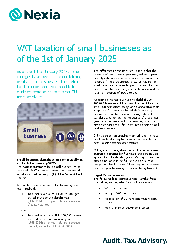 PDF for client information on the topic: VAT taxation of small businesses as of the 1st of January 2025