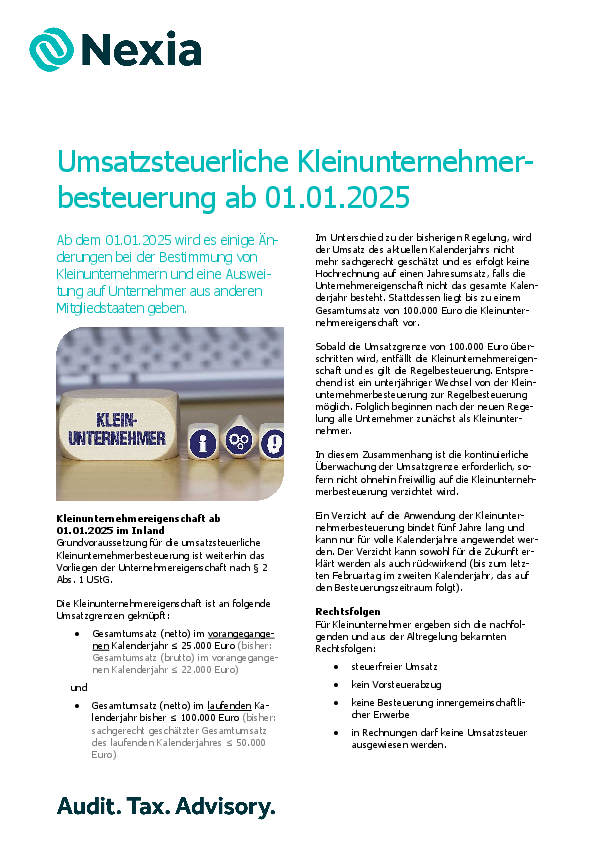 PDF zum Thema: Umsatzsteuerliche Kleinunternehmerbesteuerung ab 01.01.2025