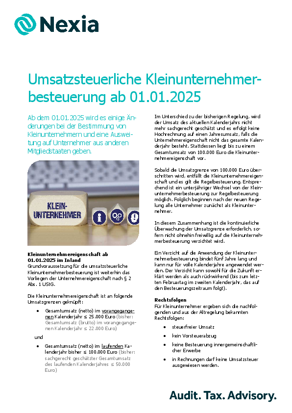 PDF zum Thema: Umsatzsteuerliche Kleinunternehmerbesteuerung ab 01.01.2025