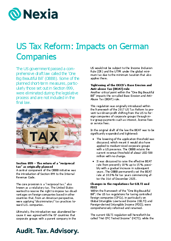 US Tax Reform: Impacts on German Companies  PDF for client information on the topic: US Tax Reform: Impacts on German Companies
