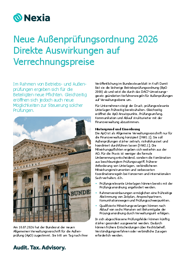 Neue Außenprüfungsordnung 2026 Direkte Auswirkungen auf Verrechnungspreise PDF zur Mandanteninformation: Neue Außenprüfungsordnung 2026 Direkte Auswirkungen auf Verrechnungspreise