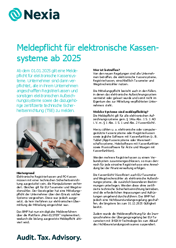 PDF zur Mandanteninfo zum Thema: Meldepflicht für elektronische Kassensysteme ab 2025