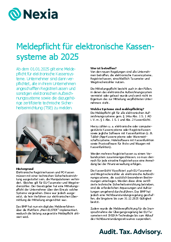 PDF zur Mandanteninfo zum Thema: Meldepflicht für elektronische Kassensysteme ab 2025