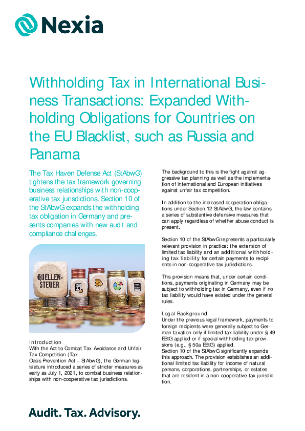 Withholding Tax in International Business Transactions: Expanded Withholding Obligations for Countries on the EU Blacklist, such as Russia and Panama PDF: Withholding Tax in International Business Transactions: Expanded Withholding Obligations for Countries on the EU Blacklist, such as Russia and Panama