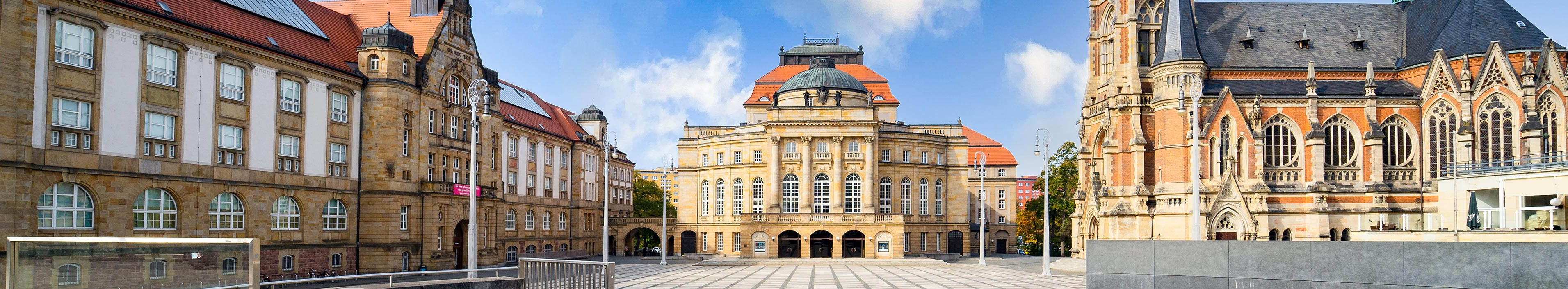 Panoramic view of the city of Chemnitz with Chemnitz Opera House and St Peter's Church