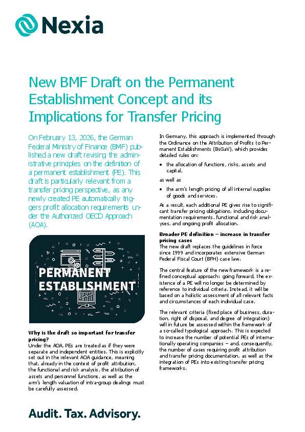 PDF for client information on the topic: New BMF Draft on the Permanent Establishment Concept and its Implications for Transfer Pricing New BMF Draft on the Permanent Establishment Concept and its Implications for Transfer Pricing