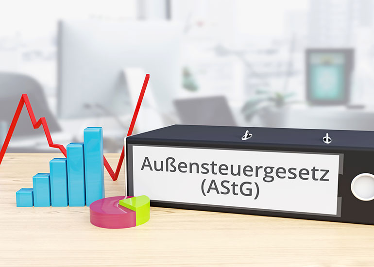  Aktenordner mit der Aufschrift " Außensteuergesetz (AStG)". Daneben sind Diagramme zu sehen.