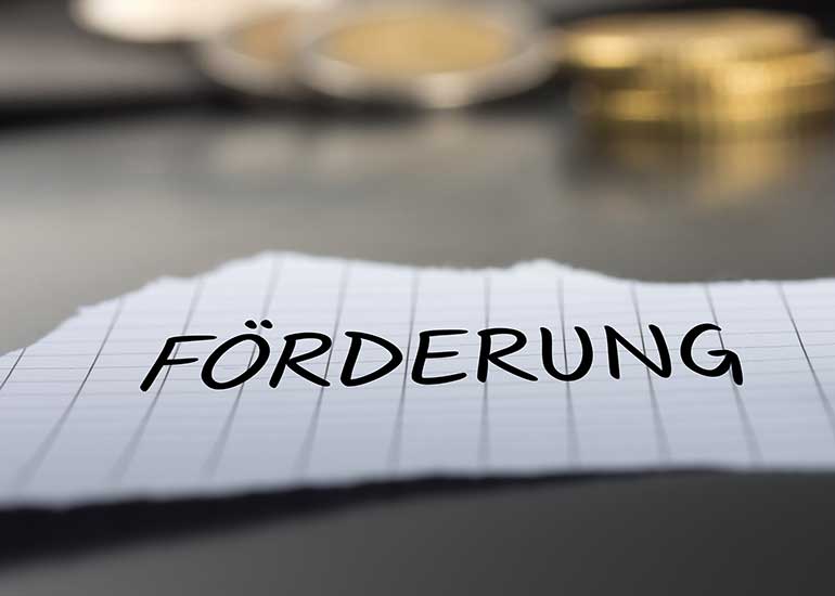 Auf einem Tisch liegt ein Zettel mit der Aufschrift „Förderung“. Im Hintergrund liegen Euro-Münzen.