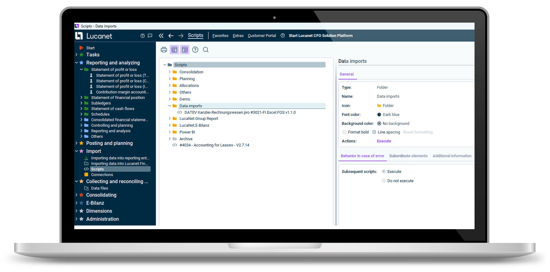 Interfaces, data imports, and other automation scripts in Lucanet Financial Client Laptop with Lucanet dashboard on the screen: Interfaces, data imports, and other automation scripts in Lucanet Financial Client