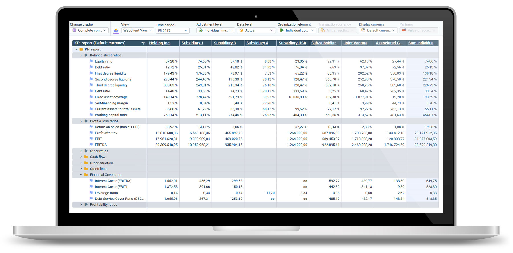 KPI report at individual company level in the Lucanet CFO Solution Platform Laptop with Lucanet dashboard on the screen: KPI report at individual company level in the Lucanet CFO Solution Platform