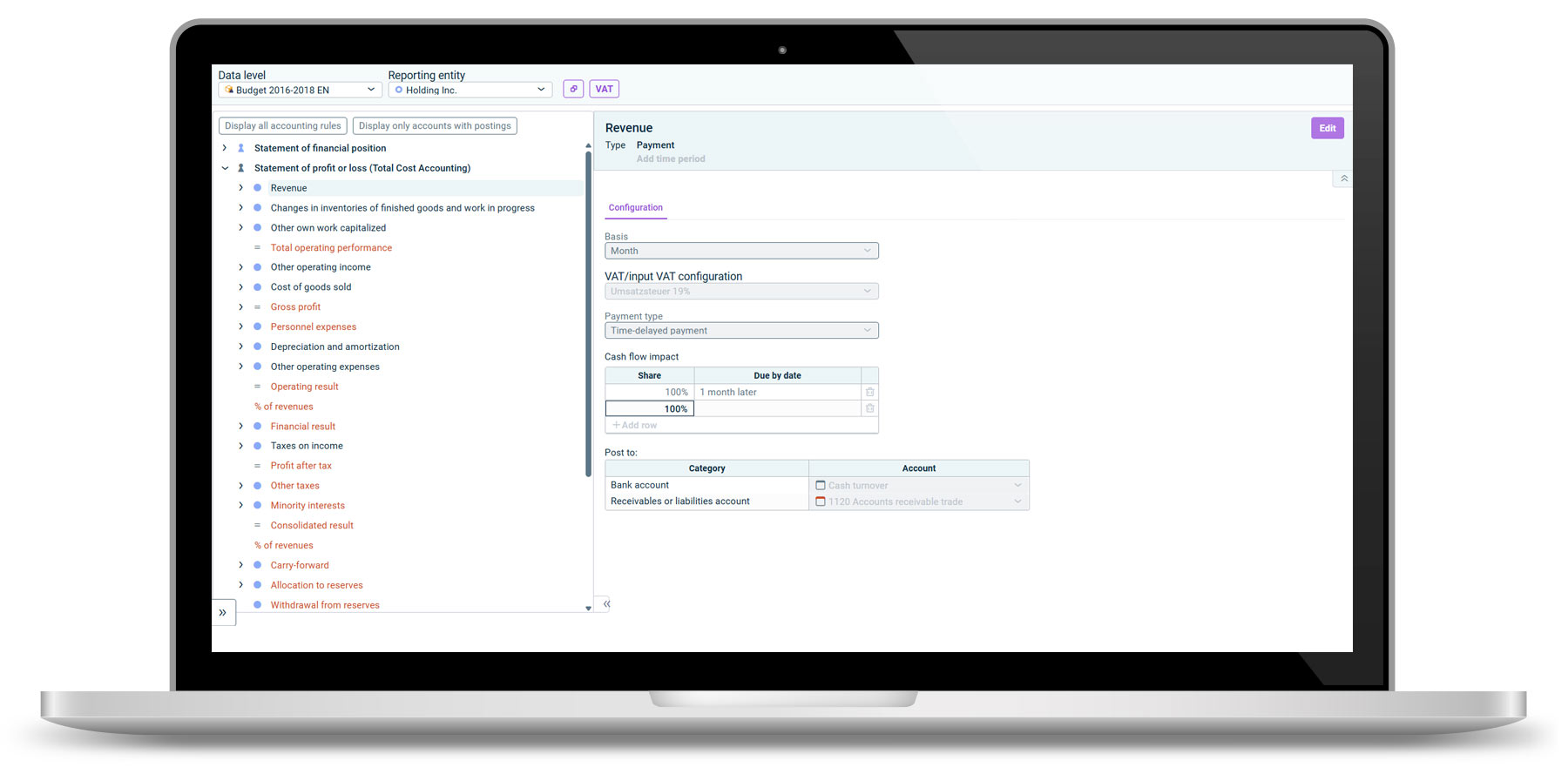 Integrated planning approach through posting rules with automatic offsetting entries Laptop with Lucanet dashboard on the screen: Integrated planning approach through posting rules with automatic offsetting entries