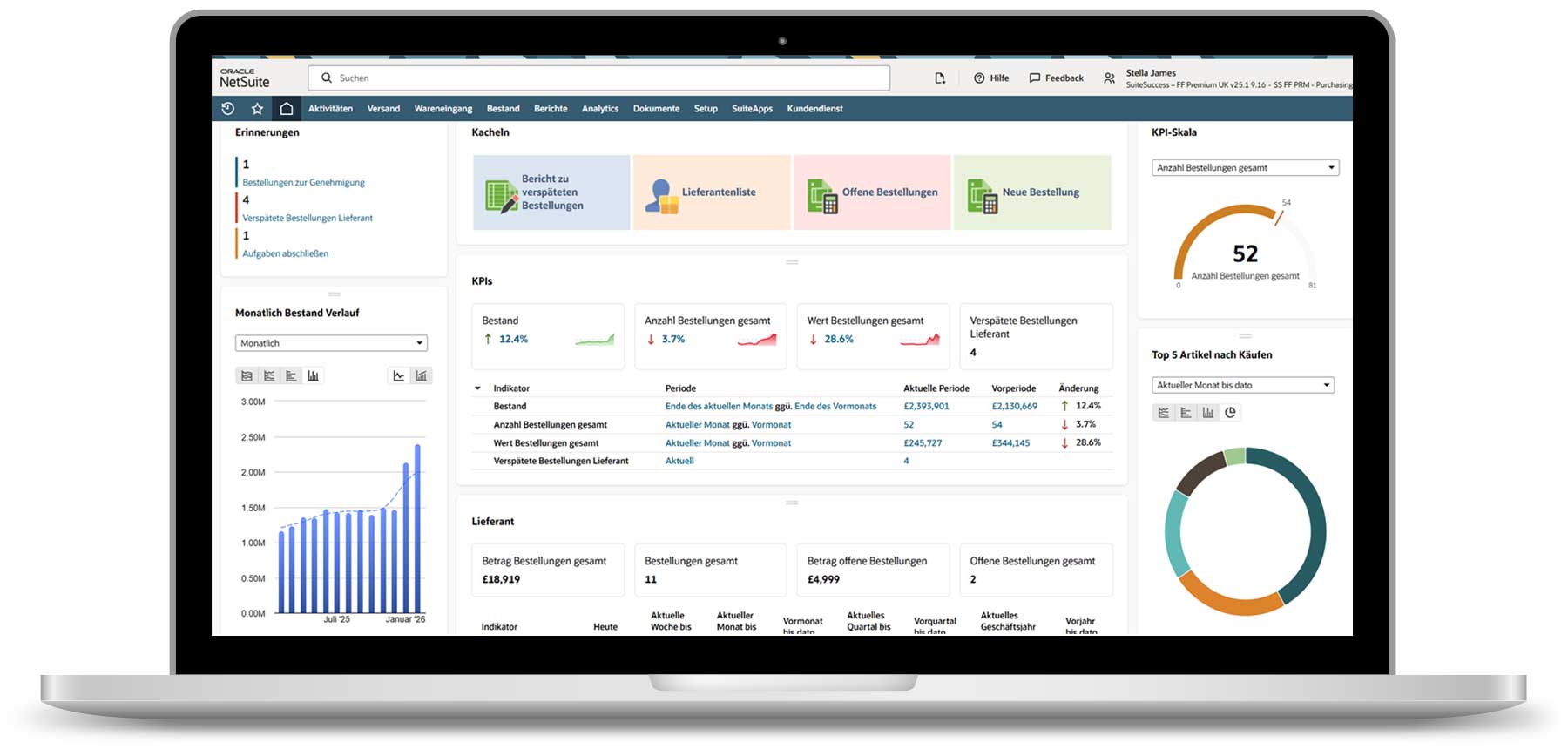 NetSuite ERP Laptop mit NetSuite ERP auf dem Bildschirm: Bestände, Bestellaktivitäten und Lieferantenperformance werden in einem klar strukturierten Dashboard dargestellt. Dadurch lassen sich Einkaufsprozesse schnell und verlässlich überwachen.