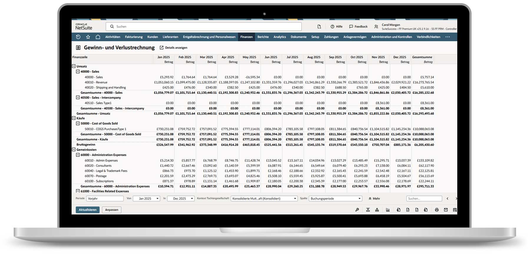 NetSuite ERP Laptop mit NetSuite ERP auf dem Bildschirm: Die Entwicklung von Umsatz, Herstellkosten und Gemeinkosten wird monatlich transparent aufgezeigt. So entsteht eine klare Übersicht über die Gewinn- und Verlustlage.