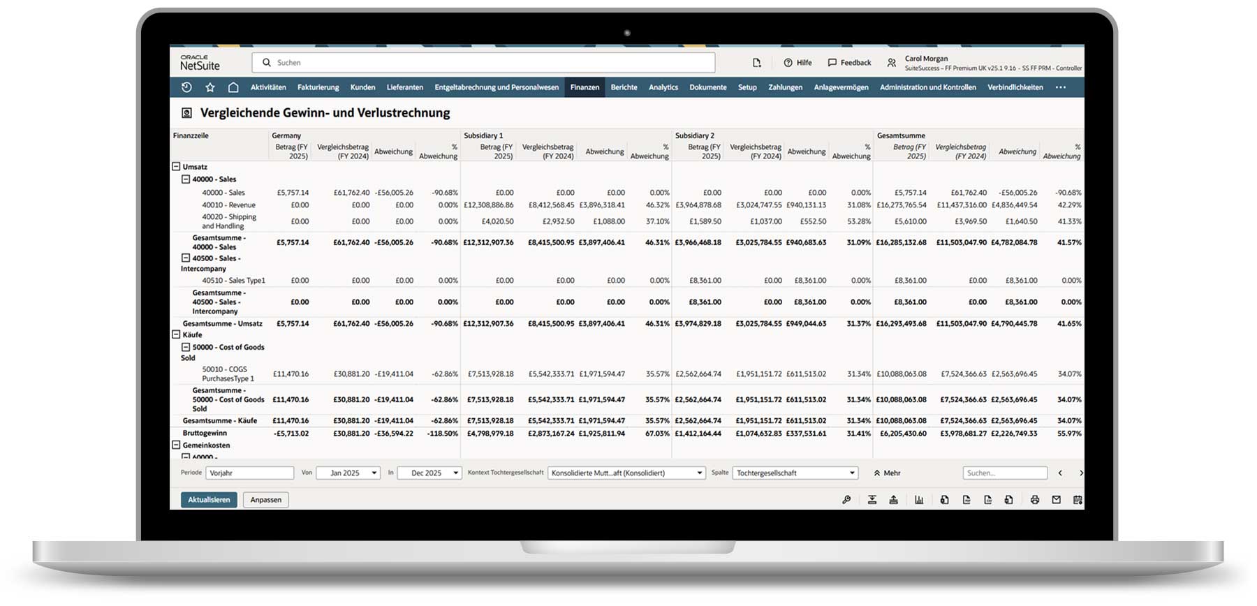 NetSuite ERP Laptop mit NetSuite ERP auf dem Bildschirm: Die Leistungsunterschiede zwischen verschiedenen Einheiten oder Tochtergesellschaften werden übersichtlich dargestellt. Das unterstützt fundierte, strategische Finanzentscheidungen.