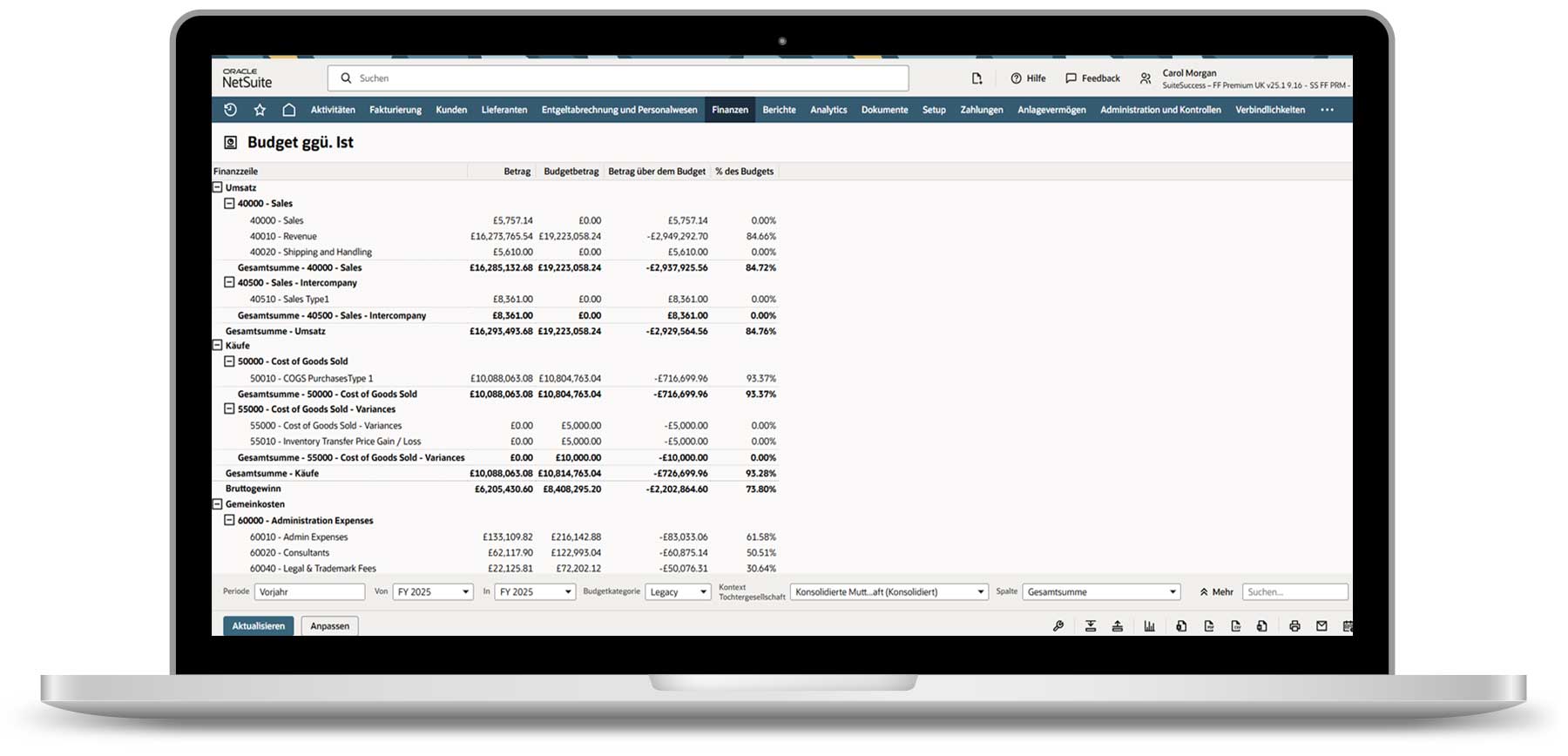 NetSuite ERP Laptop mit NetSuite ERP auf dem Bildschirm: Das Dashboard zeigt sofort, wo das Budget über- oder unterschritten wurde. Abweichungen werden klar sichtbar und erleichtern die Steuerung der finanziellen Planung.