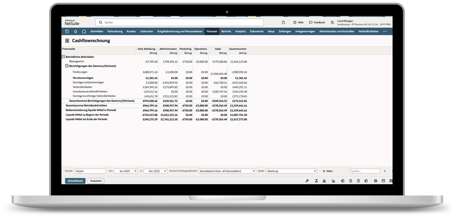 NetSuite ERP Laptop mit NetSuite ERP auf dem Bildschirm: Jede Abteilung wird hinsichtlich ihres Beitrags zu operativen, investiven und finanziellen Cashflows abgebildet. Damit wird transparent, wie einzelne Bereiche zum gesamten Cashflow des Unternehmens beitragen.